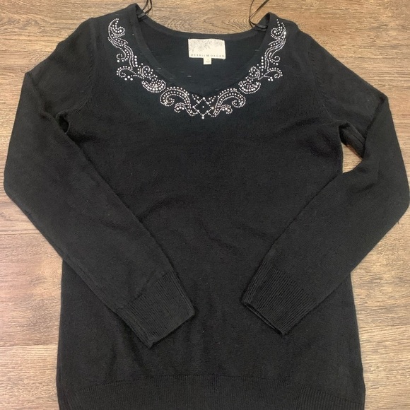 Debbie Morgan Women's Size Small Black V Neck Rhinestone Sweater - Picture 2 of 10